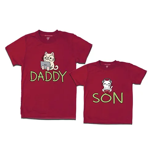 MTEE Cotton T-Shirts for Men and Son with Daddy and Son Cute Cats Print Matching Family t Shirts Set of 2(Multicolor)