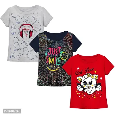 Stylish Multicoloured Cotton Printed Tee For Girls (Pack of 3)-thumb0