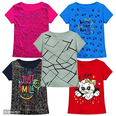 Stylish Multicoloured Cotton Printed Tee For Girls(Pack of 5)-thumb0