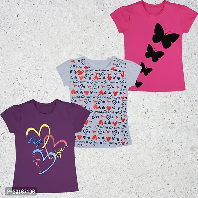 Stylish Multicoloured Cotton Printed Tee For Girls (Pack of 3)-thumb0