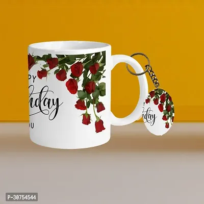 Premium 330ml Ceramic White Coffee Mug - Happy Birthday 01 - WithOval Keychain-thumb0