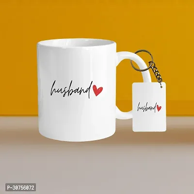 Premium 330ml Ceramic White Coffee Mug - husband- With Rectangle Keychain