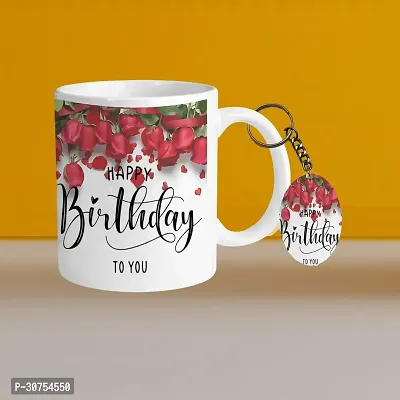 Premium 330ml Ceramic White Coffee Mug - Happy Birthday 02 - WithOval Keychain-thumb0