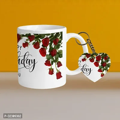 Stylish Printed Ceramic Coffee Mug with Key Chain, 330ml-thumb0