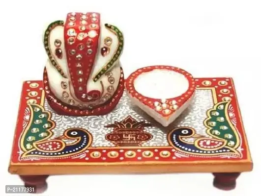 Marble Chowki Ganesha With Diya Handmade Aasan Puja Showpiece As Pooja or Gift Item