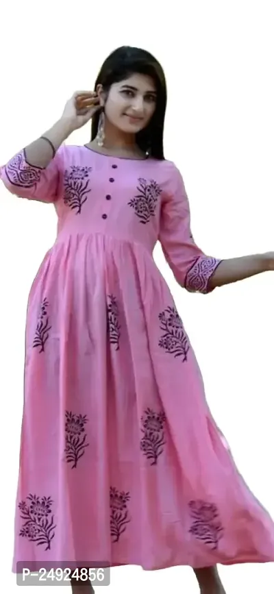 Prayagini Designing Women's Ethnic Beautiful Rayon Fabric Hand Block Print 3/4 Sleeves Pink Kurti (X-Large, Pink)-thumb0