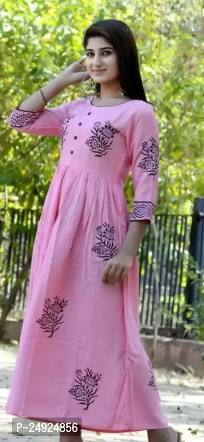 Prayagini Designing Women's Ethnic Beautiful Rayon Fabric Hand Block Print 3/4 Sleeves Pink Kurti (X-Large, Pink)-thumb3