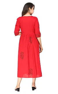 Ragini Enterprises Women's Rayon Anarkali Hand Block Printed Kurti (Red, White, Green) (44, RED)-thumb1