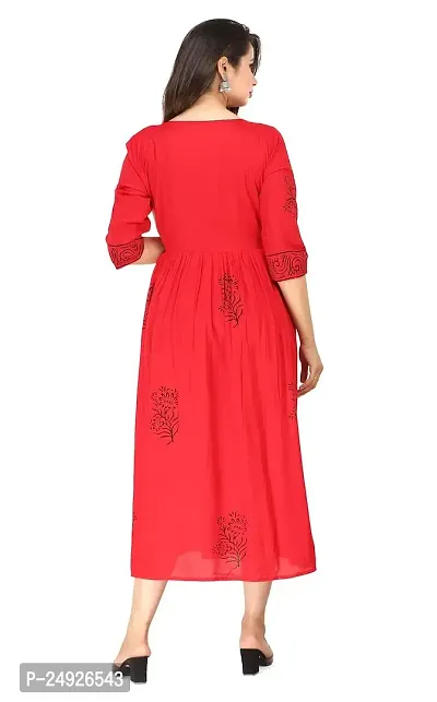 Ragini Enterprises Women's Rayon Anarkali Hand Block Printed Kurti (Red, White, Green) (44, RED)-thumb2