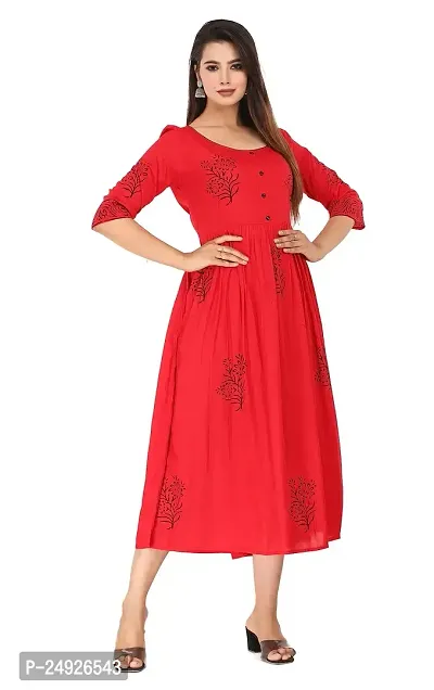 Ragini Enterprises Women's Rayon Anarkali Hand Block Printed Kurti (Red, White, Green) (44, RED)-thumb4