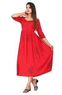 Ragini Enterprises Women's Rayon Anarkali Hand Block Printed Kurti (Red, White, Green) (44, RED)-thumb2