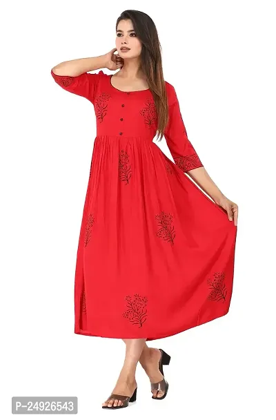 Ragini Enterprises Women's Rayon Anarkali Hand Block Printed Kurti (Red, White, Green) (44, RED)-thumb3