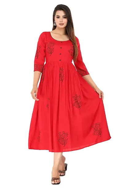 PRIYAGANI GARMENTS Ragini Enterprises Women's Rayon Anarkali Hand Block Printed Kurti (Red, White, Green, Baby Pink)