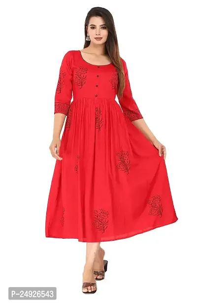 Ragini Enterprises Women's Rayon Anarkali Hand Block Printed Kurti (Red, White, Green) (44, RED)