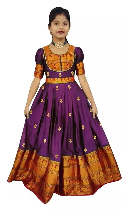 Girl's Banarasi Silk Model Maxi Long Dress for Girls Traditional Full Length Anarkali Long Frock for Kids Fullstitched Gown