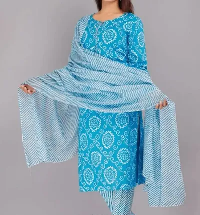 Stylish Cotton Blend Anarkali Kurta With Bottom And Dupatta Set