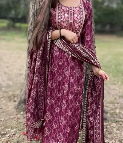 Stylish Cotton Blend Anarkali Kurta With Bottom And Dupatta Set