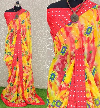Georgette Printed Mirror Lace Border Sarees with Blouse piece