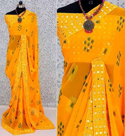 Georgette Bnadhani Print Mirror Lace Border Sarees with Blouse piece