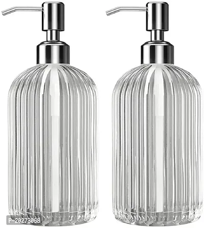 Luxansa Pack of 2 Clear Glass Hand Liquid Soap Dispenser Set Round Bottles for Essential Oil, Lotion Dispenser, Hand Dispenser, Conditioner  Shampoo Dispenser, Dish Pump for Bathroom and Kitchen