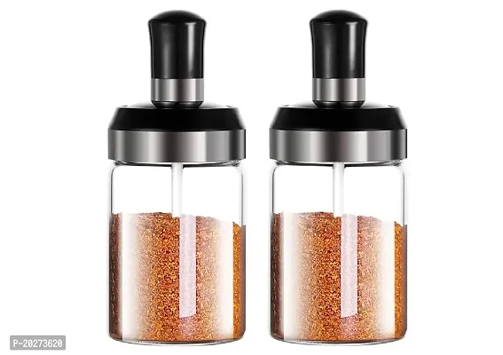Luxansa Pack of 2 Borosilicate Pickle Storage Spice Jar with Spoon Salt Jar, Spoon Jar, Pickle Jar Set, Glass Seasonning Box Container for Kitchen, Condiment Jar, Stainless Steel Lid For Dining Table Home  Restaurants - 250 Ml-thumb0