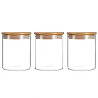 Luxansa Borosilicate Wooden Lid Glass Jar For Food Storage Containers Sugar, Candy, Cookie, Rice, Jam, Honey, Grocery and Pickle Dry Fruit Spice Jars With Airtight Bamboo Lids  Silicone Sealing Ring Jar For Kitchen ( 270 ml, Set Of 3 )-thumb1