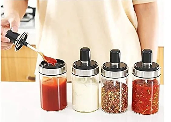 Seasoning Jar Set,Glass Spice Jar Set,Kitchen Seasoning Container,Condiment Jar with Lid with Spoon,for Chili Pepper Sugar Salt Spices, Size: 1 Set