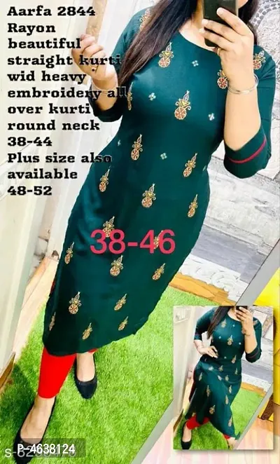 Stylish Rayon Green Embroidered 3/4 Sleeves Kurta For Women