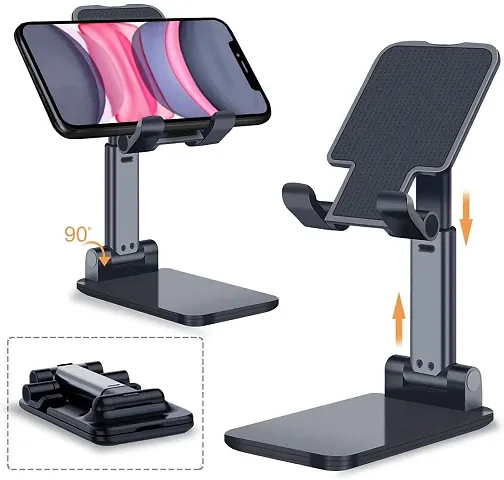 Foldable Mobile Stand Tabletop Stand Adjustable Phone Holder and iPad Stand  For Bed , Table, Office, Video Recording Compatible With All Smartphones, Tablet (Black,)