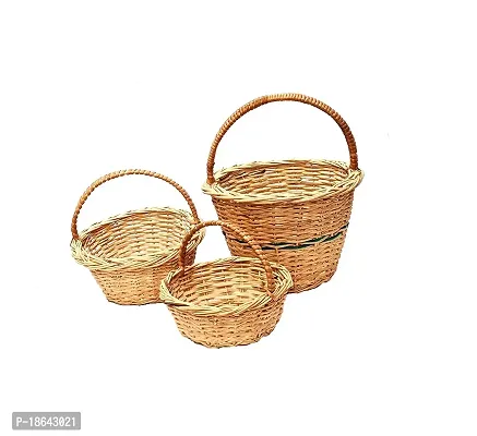 Avika Bamboo Round pooja cane basket for Multipurpose Storage,Festival Gifts Packing with Handle Set of 3 baskets. Size 8 inch, 7 inch, 6 inch Handle Basket-thumb3