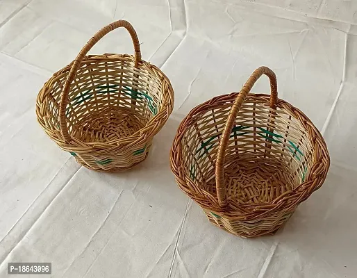 Avika Round Small Handle Cane Bamboo Multipurpose Basket for Gift hamper, Chocolate flower | Cane wicker bamboo basket | Natural brown color, Set of 2 baskets, Size(7x7) inches-thumb2