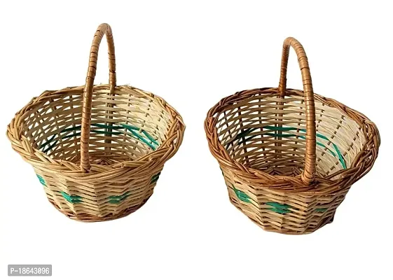 Avika Round Small Handle Cane Bamboo Multipurpose Basket for Gift hamper, Chocolate flower | Cane wicker bamboo basket | Natural brown color, Set of 2 baskets, Size(7x7) inches-thumb0