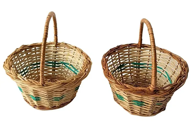 Avika Round Small Handle Cane Bamboo Multipurpose Basket for Gift hamper, Chocolate flower | Cane wicker bamboo basket | Natural brown color, Set of 2 baskets, Size(7x7) inches