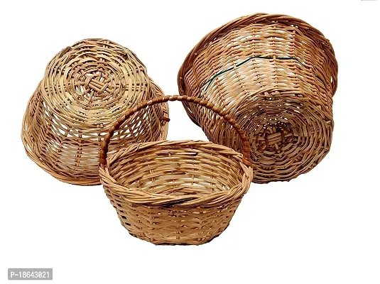 Avika Bamboo Round pooja cane basket for Multipurpose Storage,Festival Gifts Packing with Handle Set of 3 baskets. Size 8 inch, 7 inch, 6 inch Handle Basket-thumb2