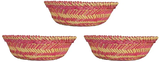 DEVAN HANDICRAFTS Bamboo Multipurpose Basket (Yellow and Pink, 30.48 cm x 30.48 cm x 10.16 cm) - Pack of 3