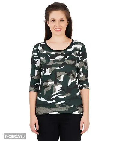 Trove Women Cotton 3/4th Sleeve Camouflage Print T-Shirt Multicolor