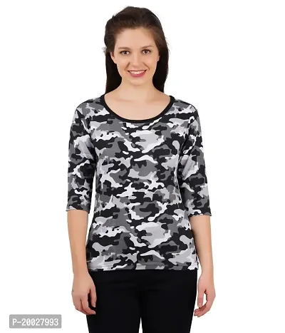 Trove Women Cotton 3/4th Sleeve Camouflage Print T-Shirt Multicolor-thumb0