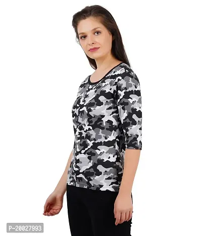 Trove Women Cotton 3/4th Sleeve Camouflage Print T-Shirt Multicolor-thumb3