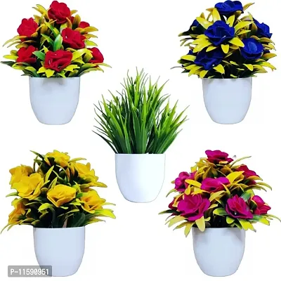 Flora Planet Artificial Plants/ Flowers For Home  office Decor 5 Mini Size Flowers Pot Multi Color