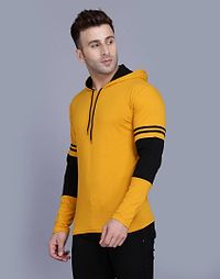 Men's Yellow Cotton Blend Colorblocked Hooded Tees-thumb2