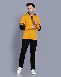 Men's Yellow Cotton Blend Colorblocked Hooded Tees-thumb1
