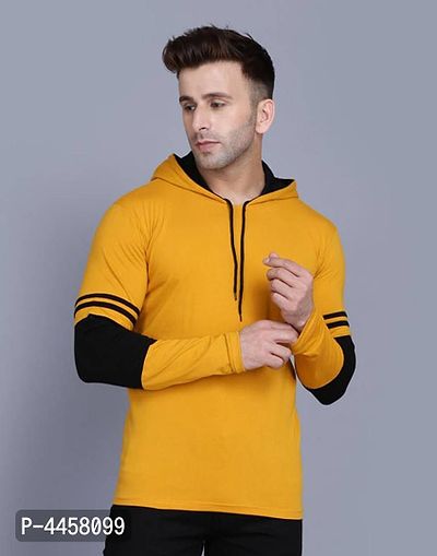 Men's Yellow Cotton Blend Colorblocked Hooded Tees-thumb0