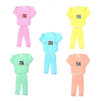 Trendy Cotton Blend Multicoloured Round Neck Long Sleeves Top With Pajama Set For Girls- Pack Of 5-thumb1