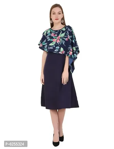 Stylish Navy Blue Crepe Printed Knee Length Dress For Women-thumb0