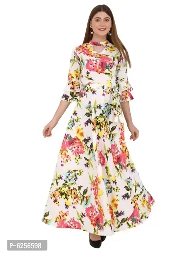 Stylish Crepe Maxi Flower Printed Flared Sleeves Dress For Women-thumb0