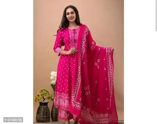 Elegant Rayon Pink Printed Anarkali Kurta With Palazzo And Dupatta Set For Women-thumb0
