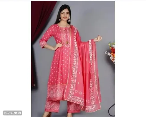 Elegant Rayon Pink Printed Kurta With Pant And Dupatta Set For Women-thumb0