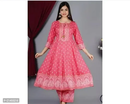 Elegant Rayon Pink Anarkali Printed Kurta With Pant Set For Women