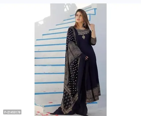 Elegant Cotton Navy Blue Printed Anarkali Kurta With Dupatta Set For Women-thumb0