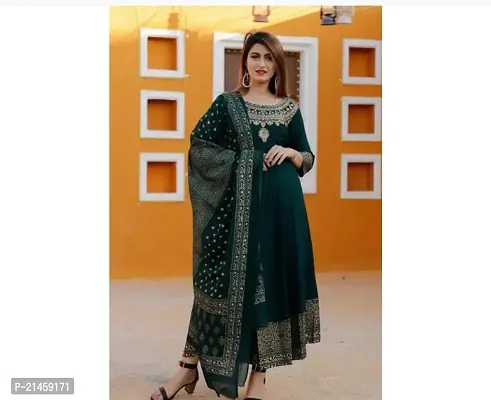 Elegant Cotton Green Printed Anarkali Kurta With Dupatta Set For Women-thumb0